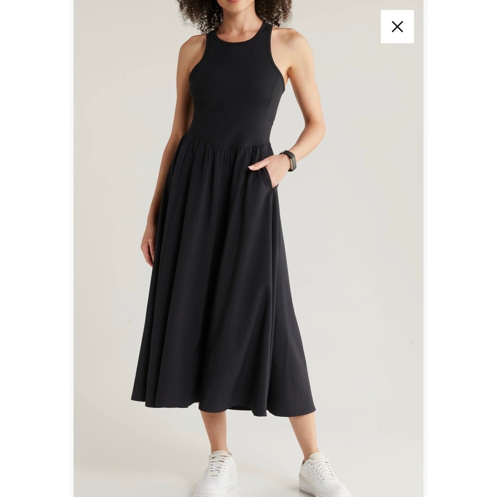 Zella Womens Black Racerback Midi Active Dress with Pockets Large NEW